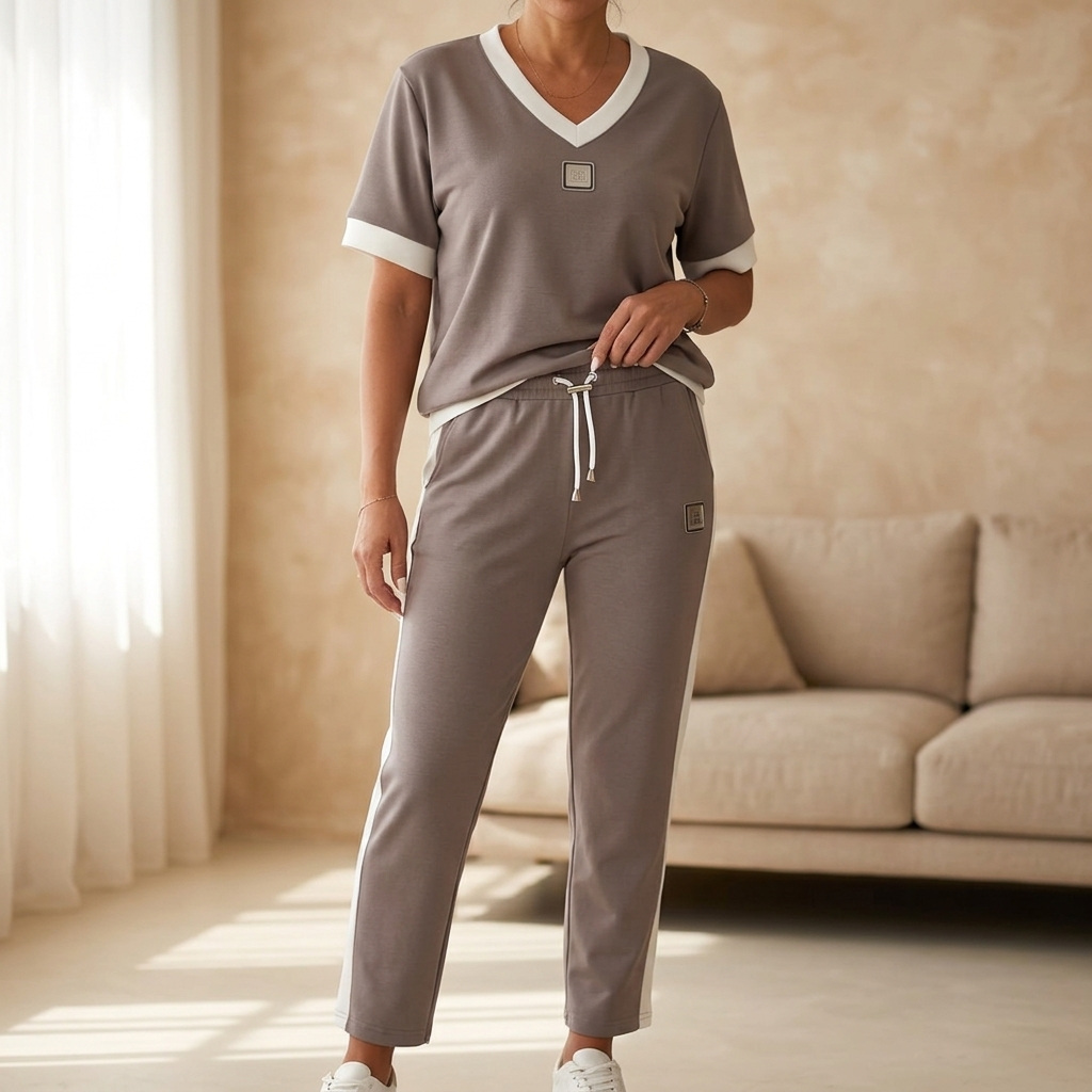 Ellara™ – Contrast Trim V-Neck and Pants Set