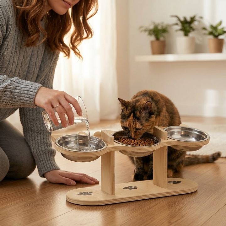 PawNest™ 3-Bowl Wooden Pet Feeding Station