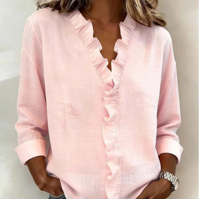 Roselle™ – Soft Ruffle V-Neck Long Sleeve Blouse
