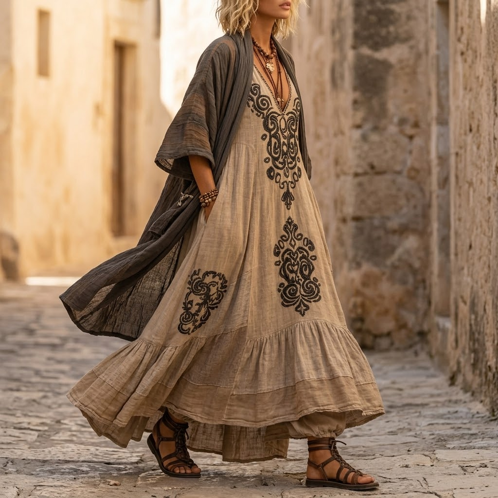 Solenza™ — Embroidered Boho Maxi Dress & Kimono Set