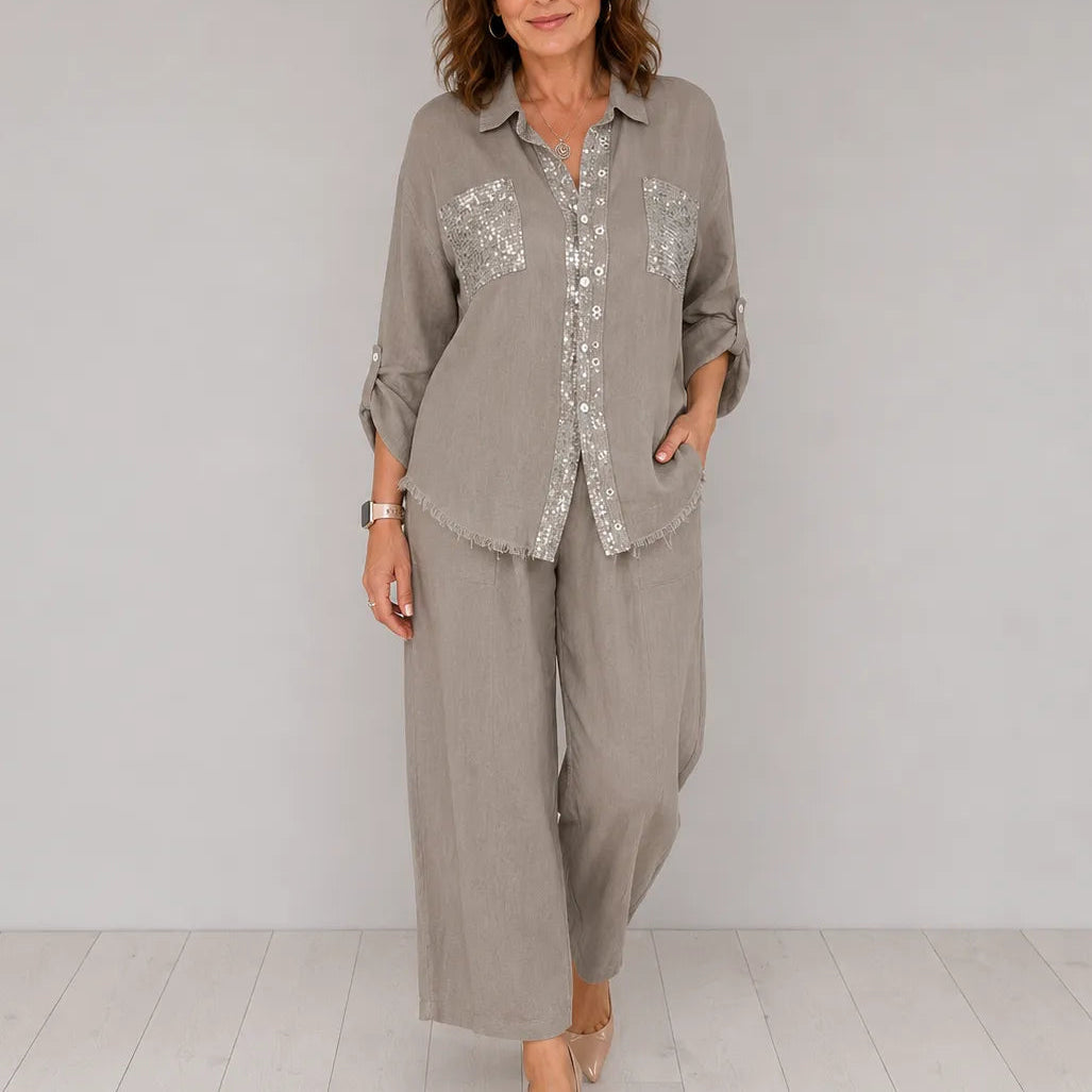 Solencia – Shimmer Pocket Shirt and Wide-Leg Pants Set