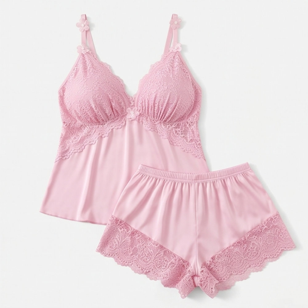 Lunessa™ — Lace Trim Satin Pajama Set