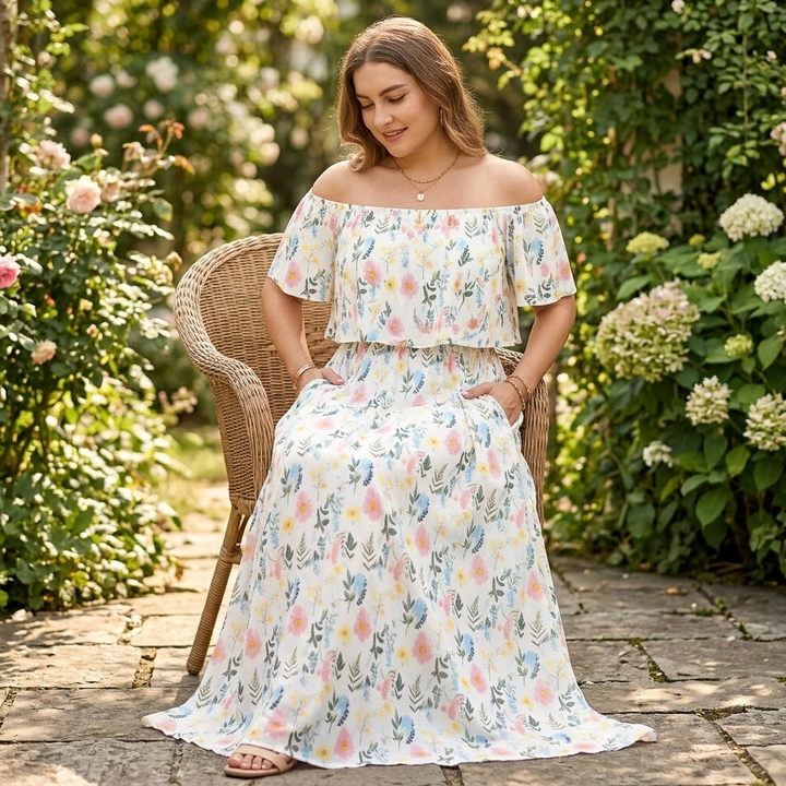 Florevia™ – Off-Shoulder Floral Maxi Dress with Hidden Pockets