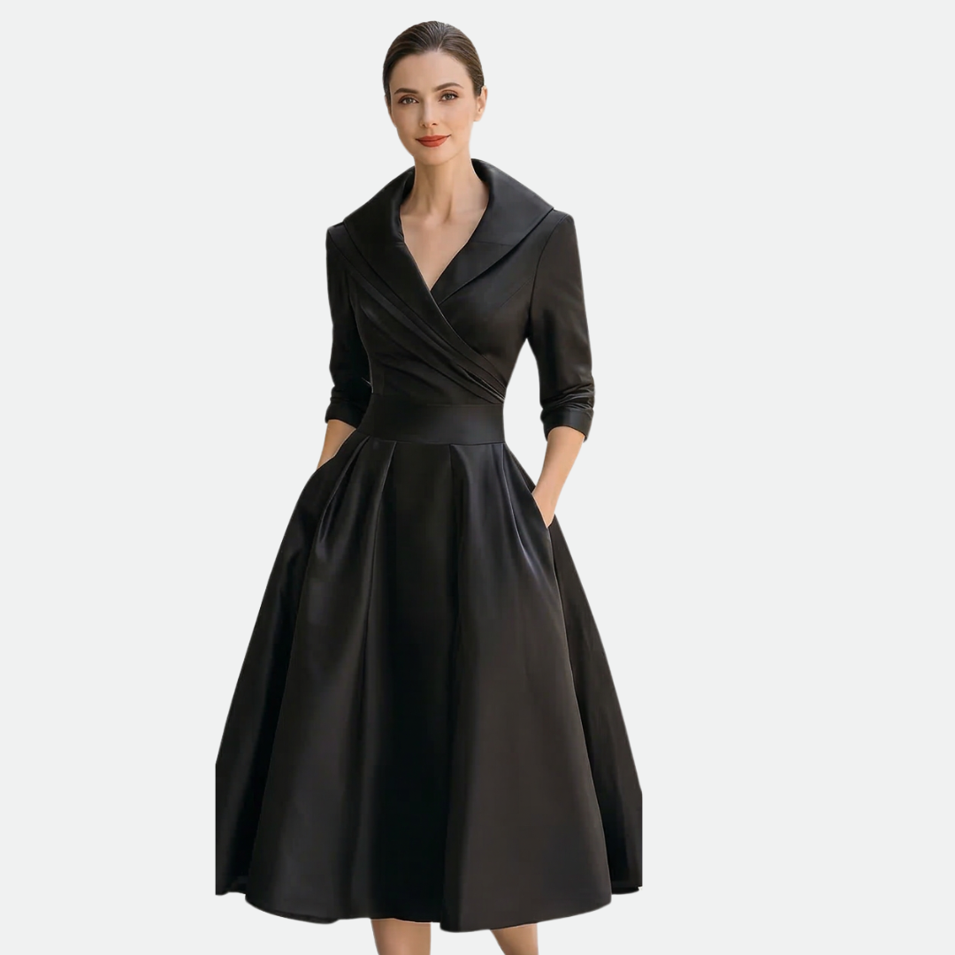 Vivessa™ – Vintage Satin Midi Dress with Draped Collar