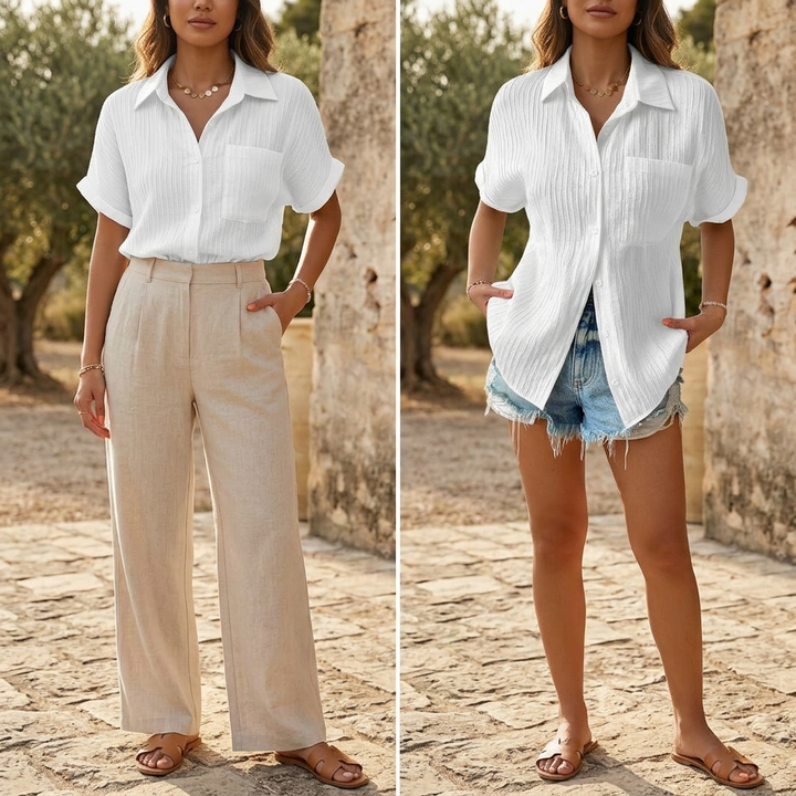 Vivara™ – Textured Crinkle Button Down Blouse