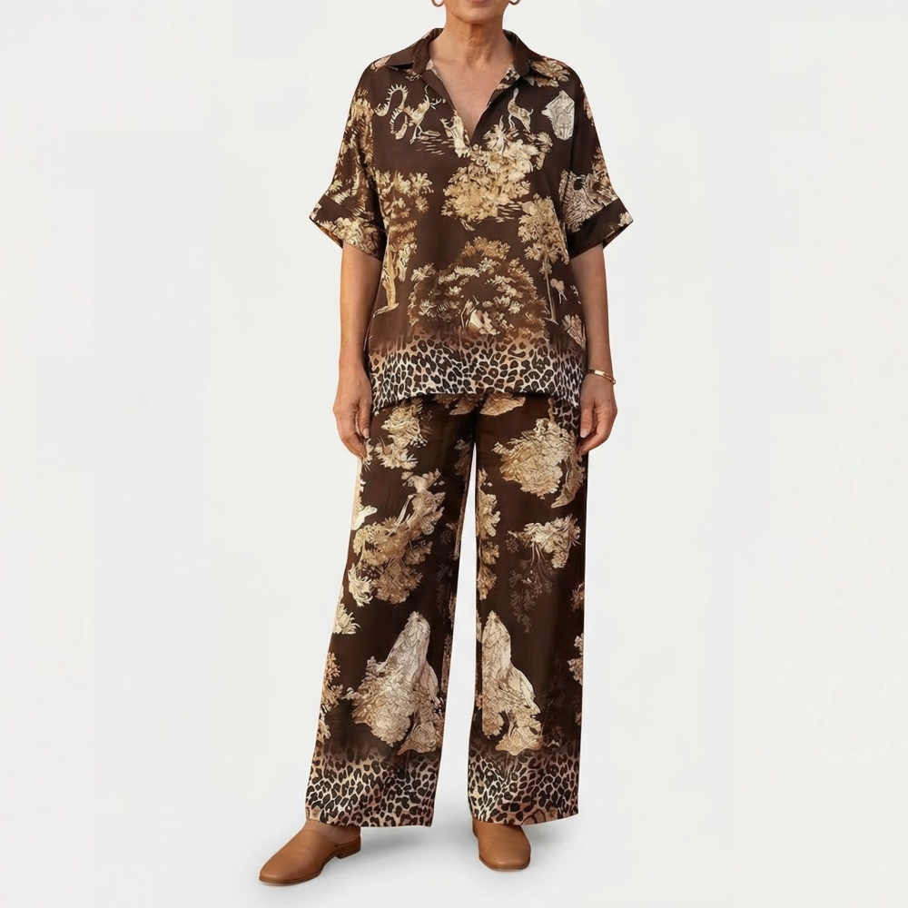 Vivara™ – Printed V Neck Top and Wide Leg Pants Set