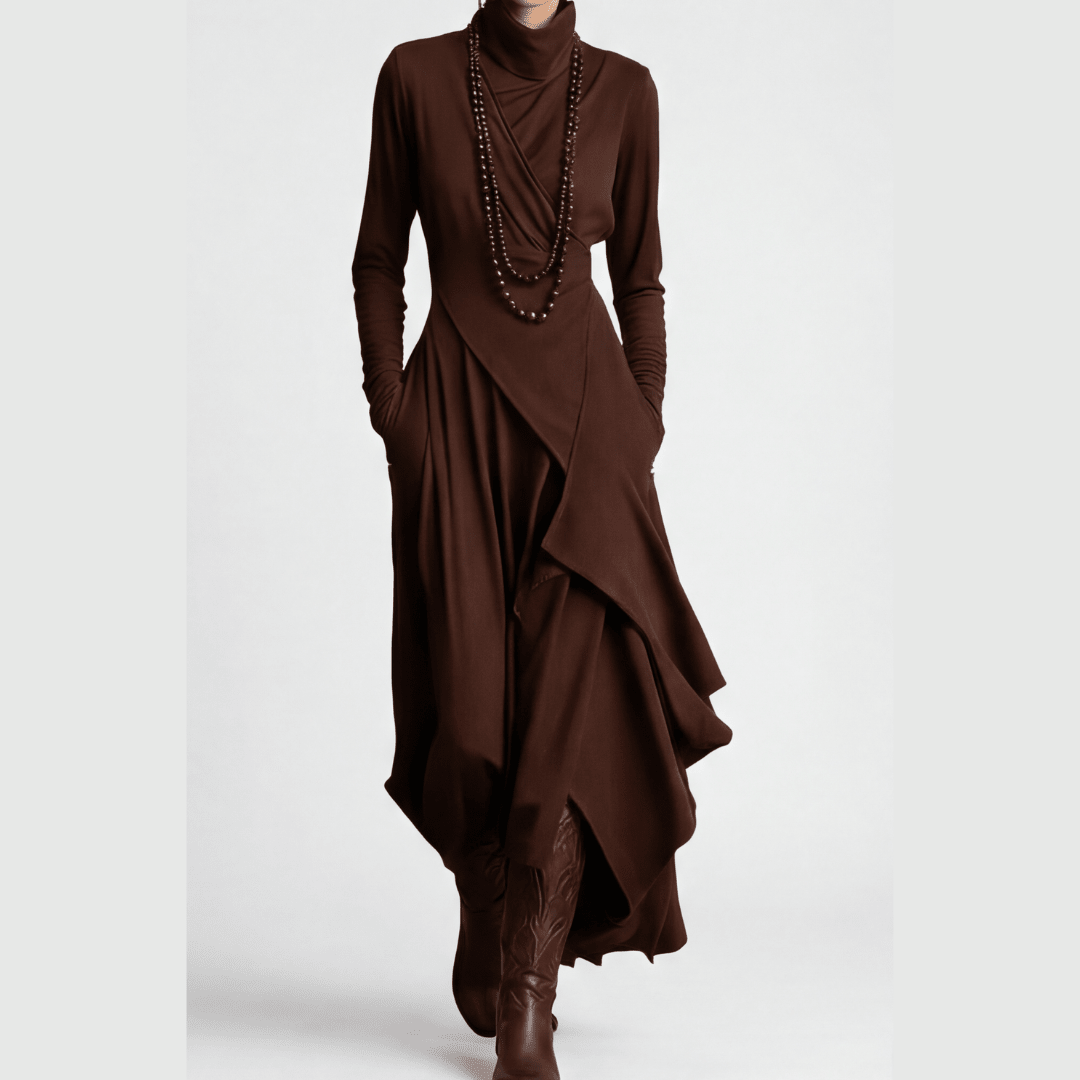 Florenne™ – Asymmetrical Draped High Neck Maxi Dress