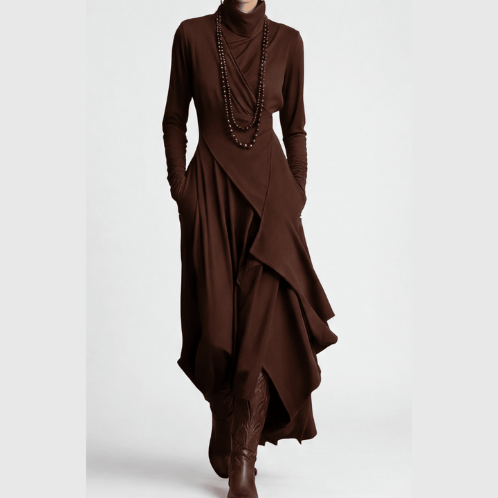 Florenne™ – Asymmetrical Draped High Neck Maxi Dress