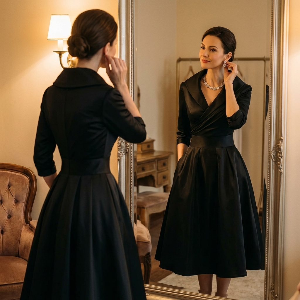Vivessa™ – Vintage Satin Midi Dress with Draped Collar