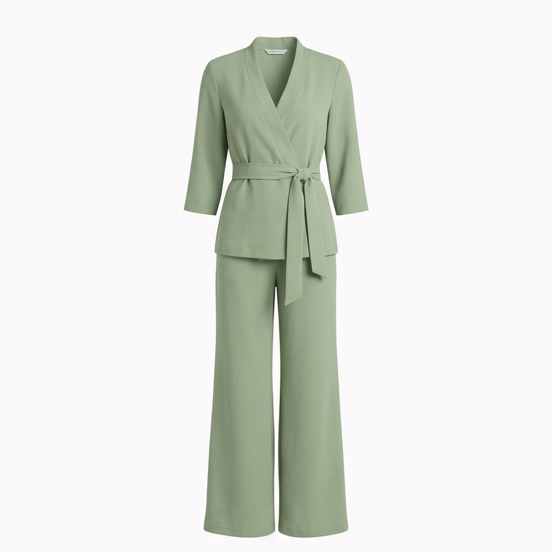 Ellara™ – Wrap Tie Blazer & Wide Leg Pants Set