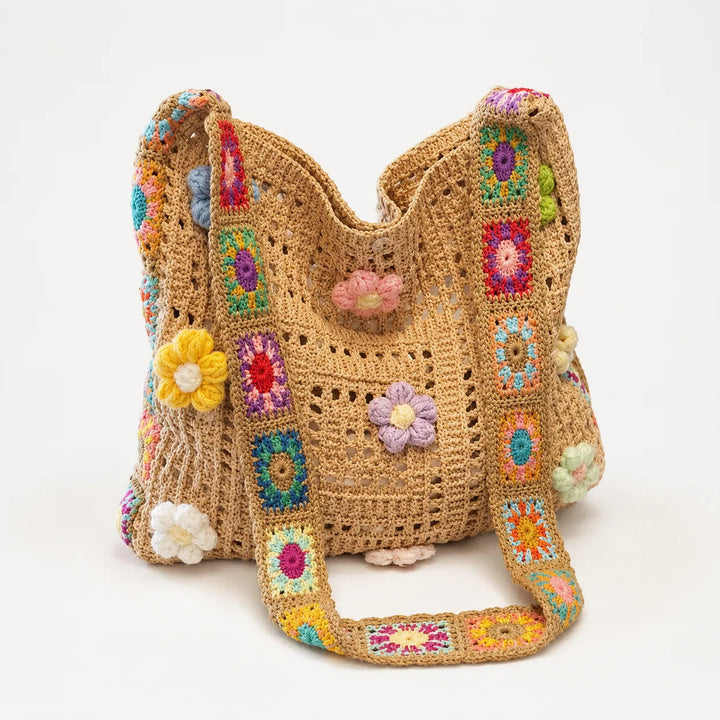 Florenza – Hand-Crocheted Floral Shoulder Bag for Women, Boho Granny-Square Tote with 3D Flowers