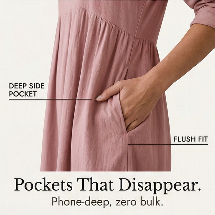 Elara™ – Soft Cotton Midi Dress with Pockets