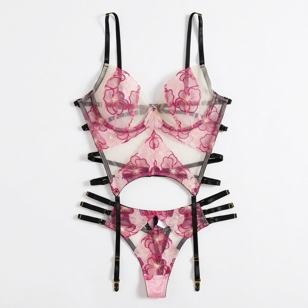 Florenza™ – Embroidered Floral Lingerie and Garter Set