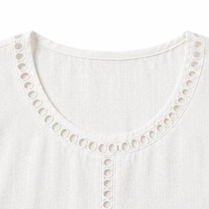 Marellia – Boho Openwork Trim Tunic Top for Women, Relaxed Fit Short Sleeve Summer Blouse