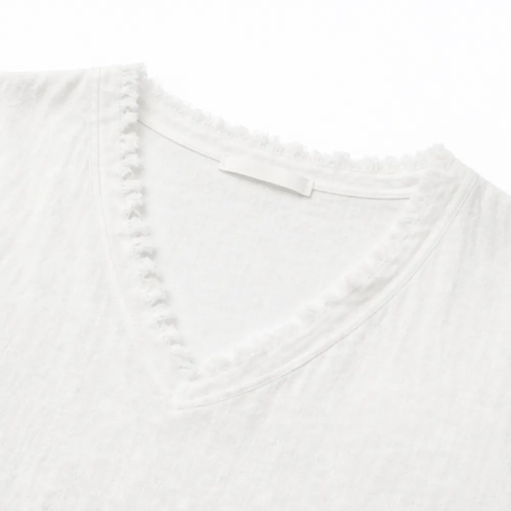 Lorelei – Boho Frayed-Trim V-Neck Tee for Women, Loose Tummy-Hiding Fit