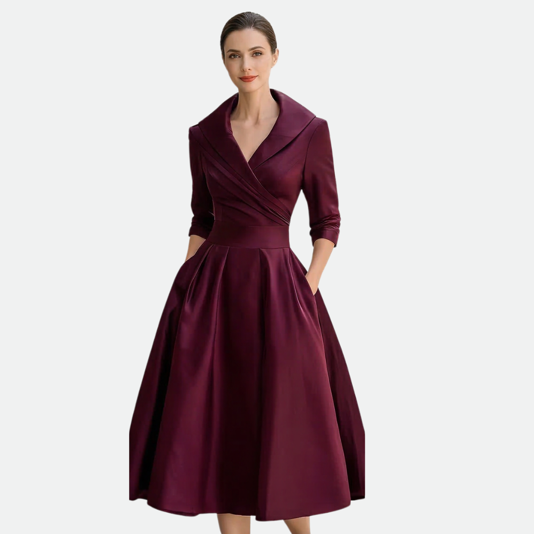 Vivessa™ – Vintage Satin Midi Dress with Draped Collar