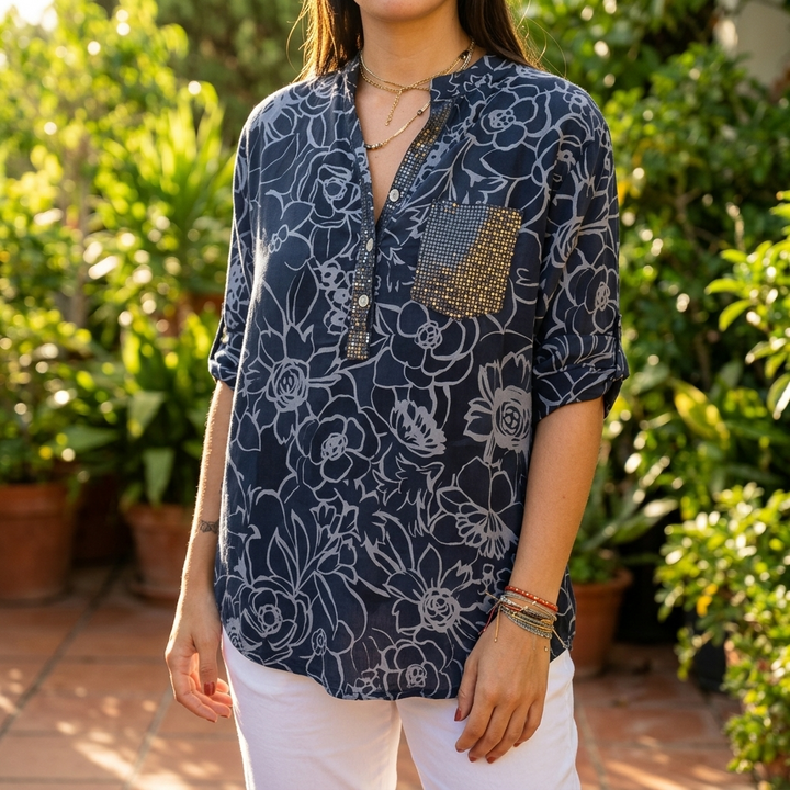 Florenne™ – Sequin Pocket Floral Blouse