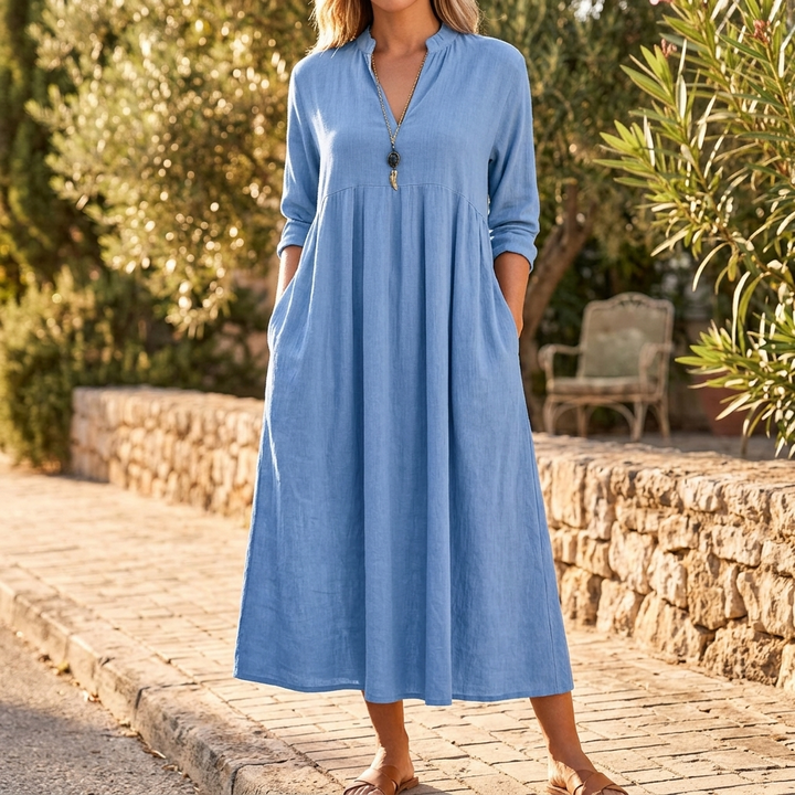 Elara™ – Soft Cotton Midi Dress with Pockets
