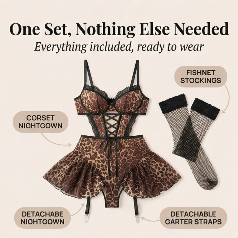 Nocturra™ – Lace Corset Nightgown Set with Fishnet Stockings