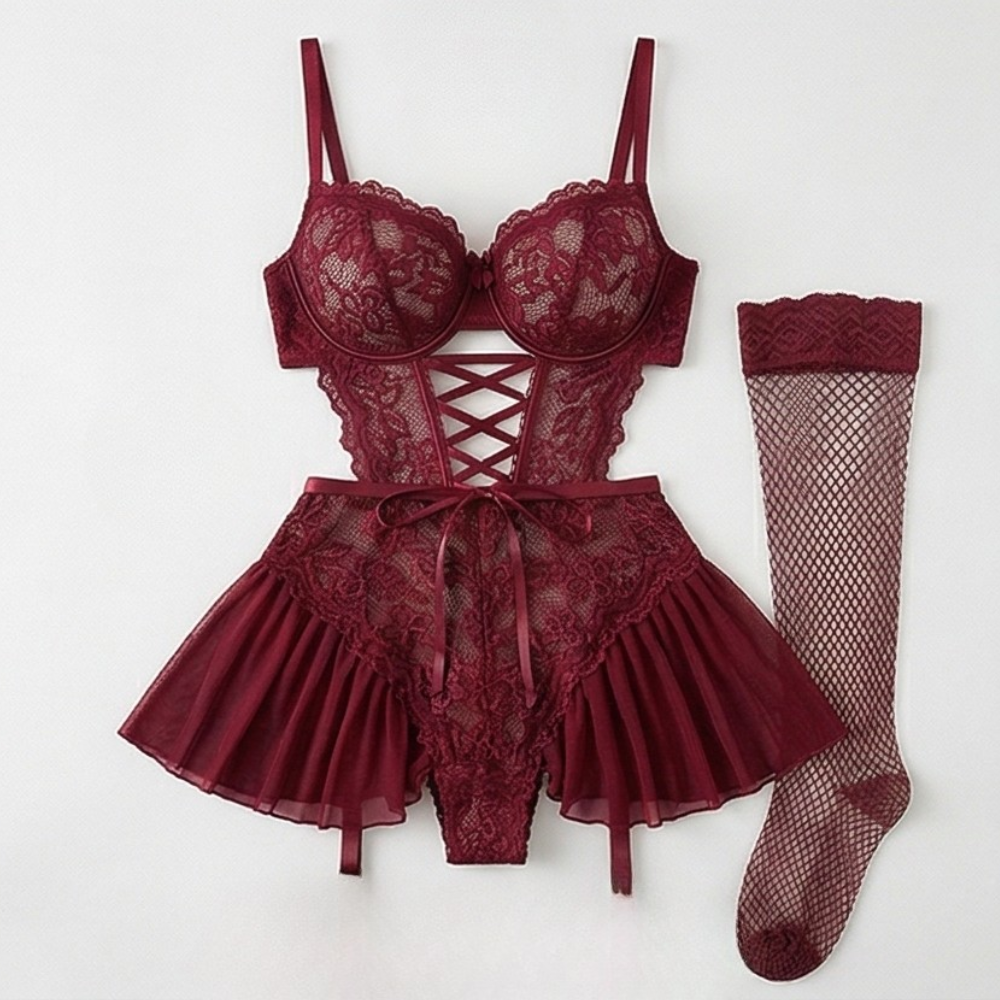 Nocturra™ – Lace Corset Nightgown Set with Fishnet Stockings