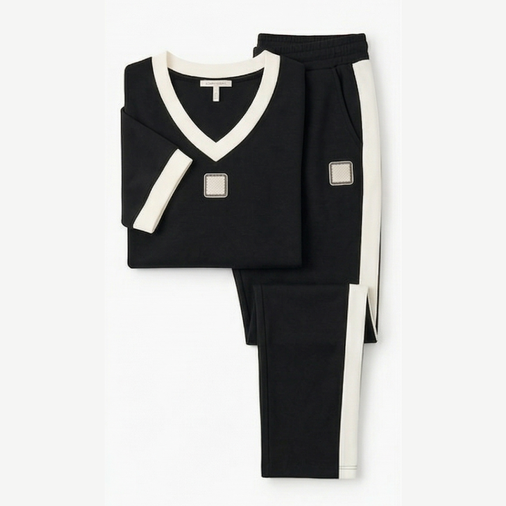 Ellara™ – Contrast Trim V-Neck and Pants Set