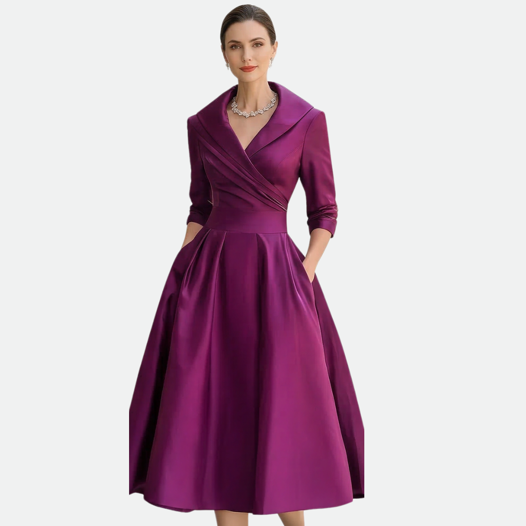 Vivessa™ – Vintage Satin Midi Dress with Draped Collar