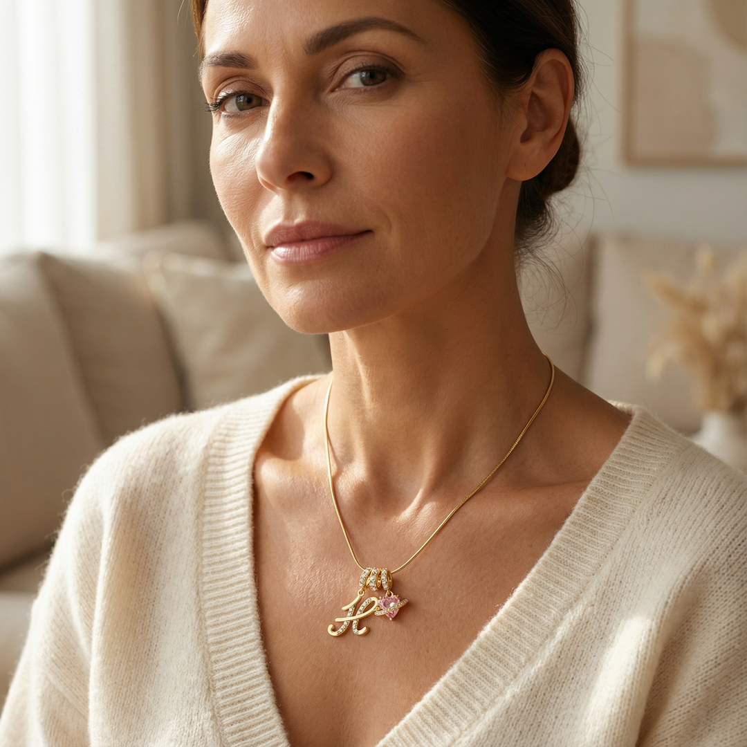 LUMARA™ - 3-Layer Initial Necklace with Pink Heart Zircon