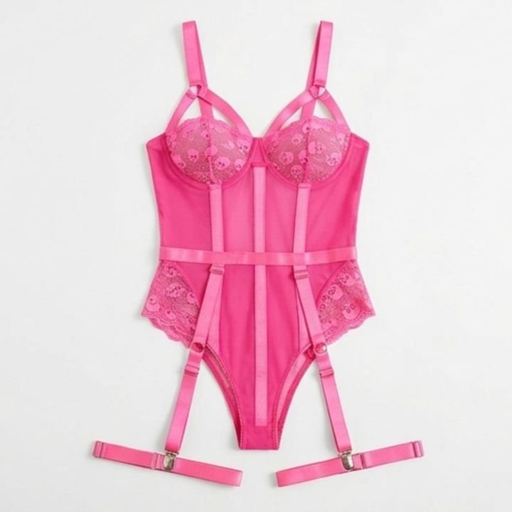 Noxelle™ – Skull Lace Corset Bodysuit with Garter Straps