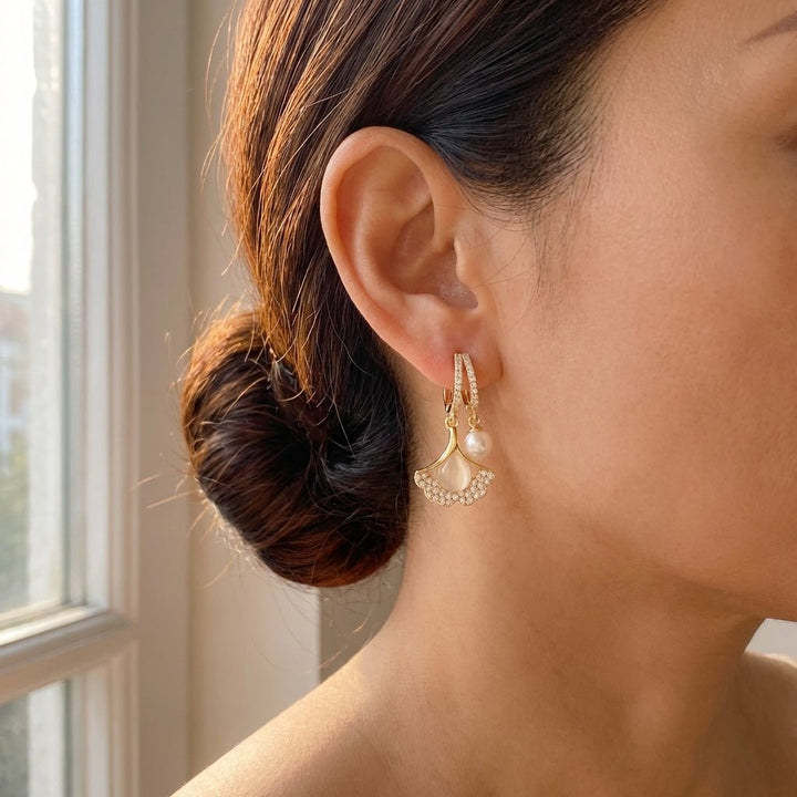 Ginara™ – Crystal Ginkgo Leaf Drop Earrings with Pearl