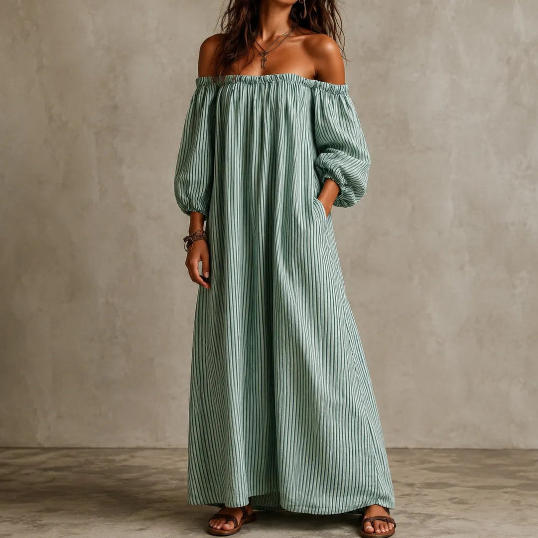 Marisella – Off-Shoulder Striped Maxi Dress with Lantern Sleeves and Pockets
