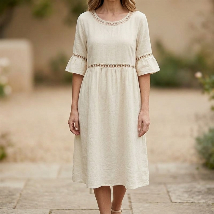 Solenne™ – Breathable Cotton Linen Lace Midi Dress