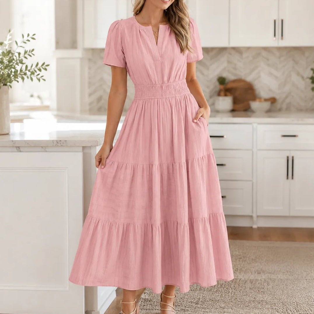 Willowen – V-Neck Tiered Midi Dress with Pockets, Short Sleeve, Ruched Waist