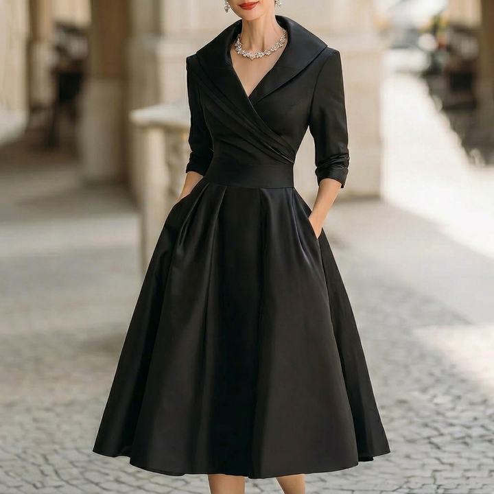 Vivessa™ – Vintage Satin Midi Dress with Draped Collar