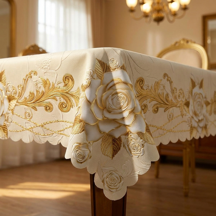 Rosalina™ – Embossed Gold Rose Waterproof Tablecloth