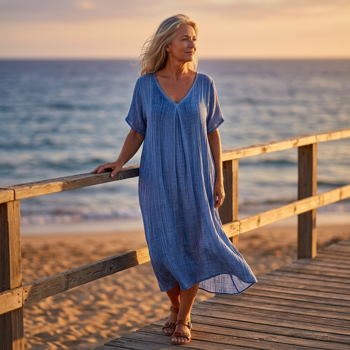 Linara™ – Breezy Cotton Linen V Neck Dress