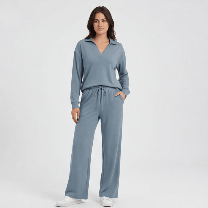 Veluna™ – Soft V-Neck Lounge Set with Wide Leg Pants