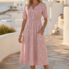 Soléra™ Floral V-Neck Midi Dress with Pockets