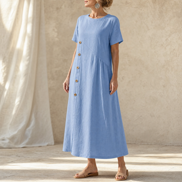 Lunavia™ – Cotton-Linen Asymmetric Button Midi Dress