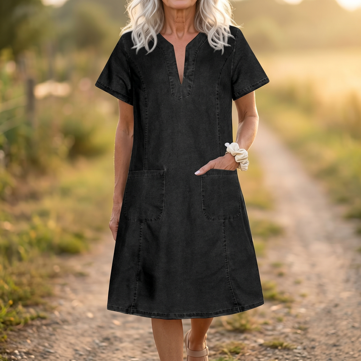 Aurelene™ – V-Neck Denim Dress with Pockets