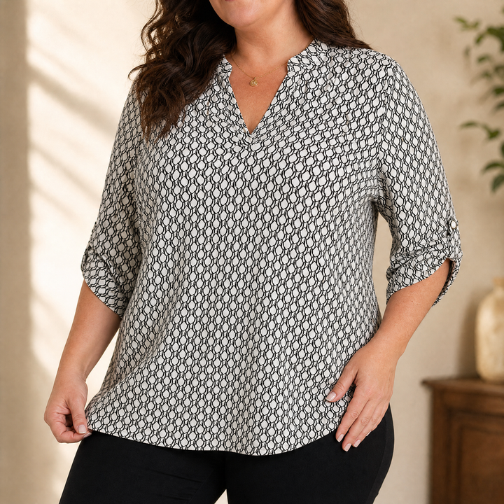 Lunavia™ Geometric V-Neck Blouse with Roll-Tab Sleeves