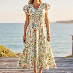 Florenza™ – Floral V-Neck Smocked Waist Midi Dress