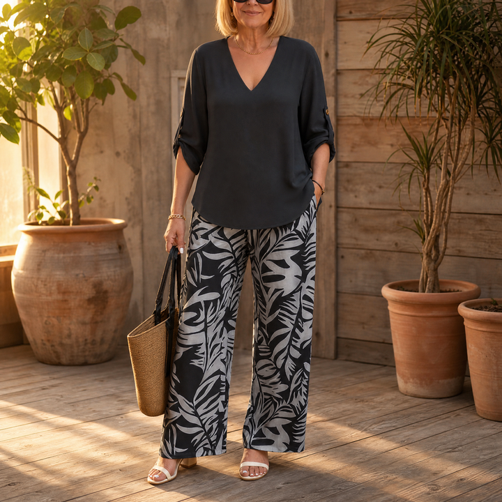 Lark & Palm™ – V-Neck Top & Leaf-Print Wide-Leg Pants Set
