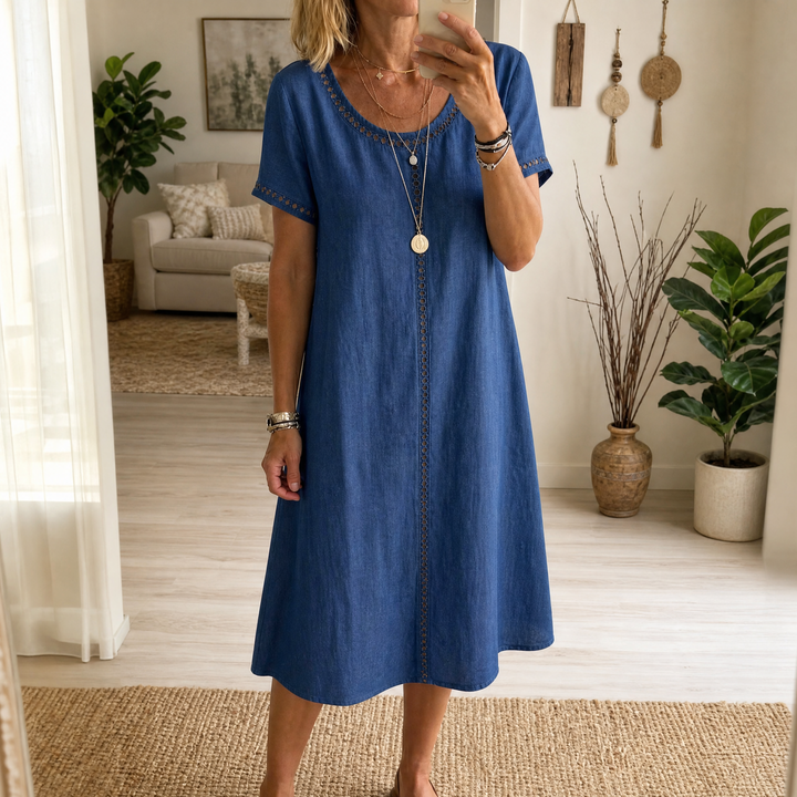 Lunavia™ Eyelet Trim Linen Midi Dress for Effortless Summer Style