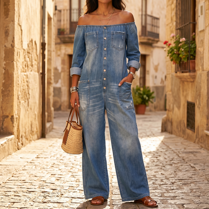 Soluna™ Off-Shoulder Wide Leg Denim Jumpsuit