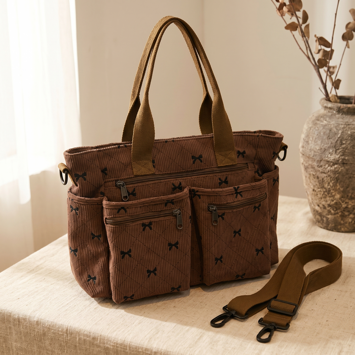 Bowette™ - Corduroy Bow-Print Tote with Laptop Pocket
