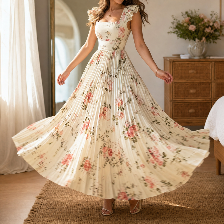 Florelle™ - Square-Neck Floral Pleated Maxi Dress