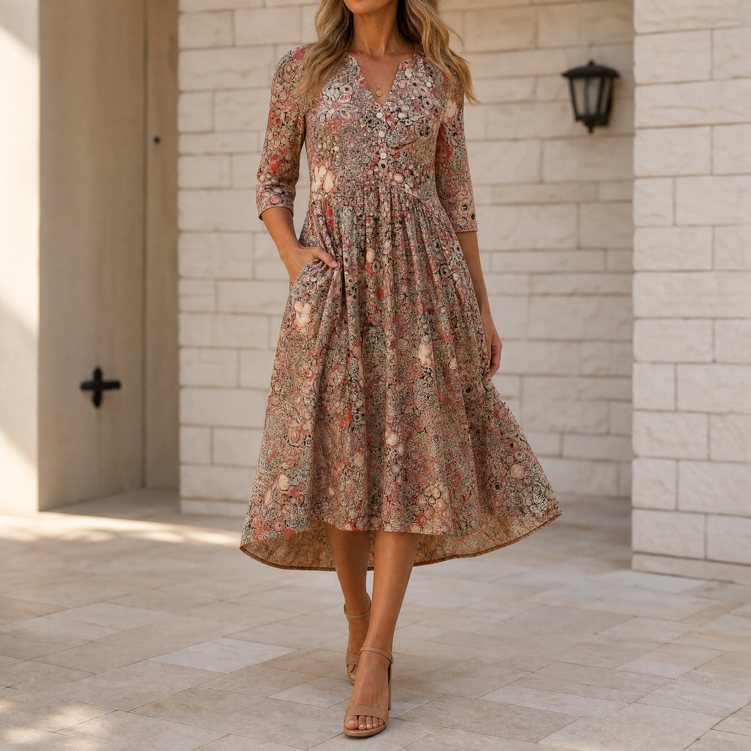 Lirenne™ – Flattering Floral Midi Dress with Pockets