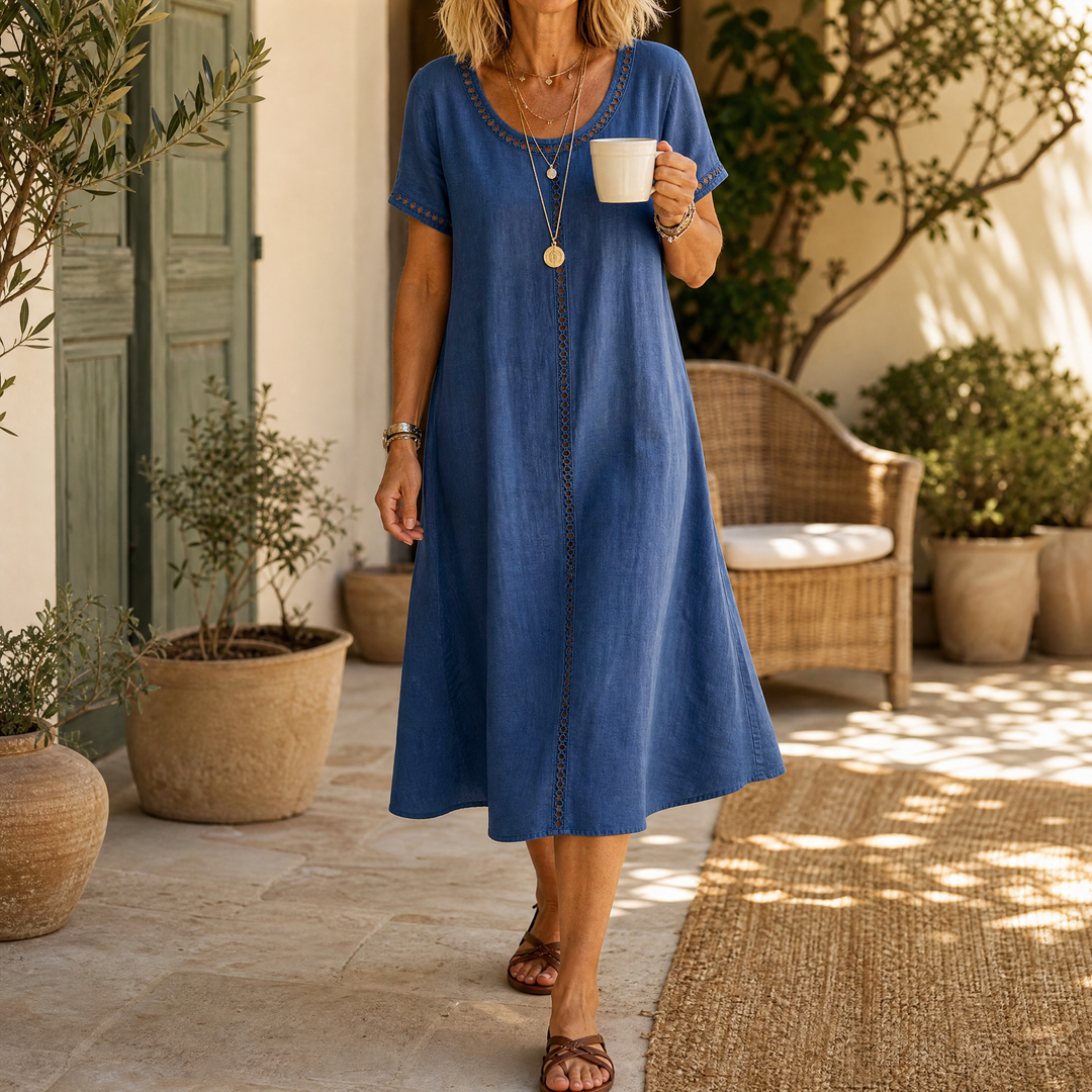 Lunavia™ Eyelet Trim Linen Midi Dress for Effortless Summer Style