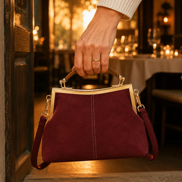 Marelli – Suede-look shell bag with gold tone-frame clasp and crossbody strap