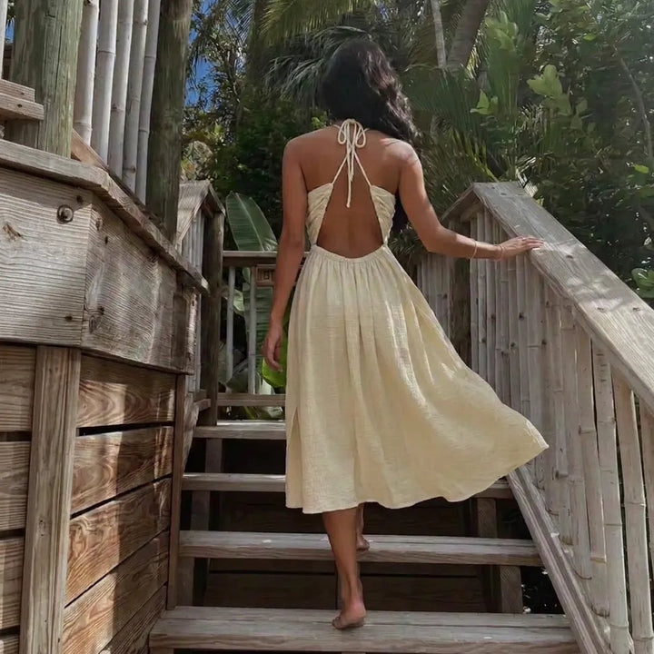 Solvenya – V-Neck Halter Maxi Dress with Cutout and Slit